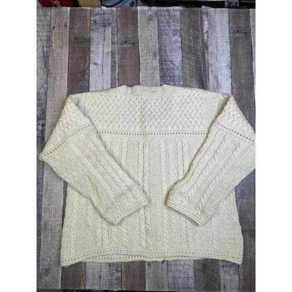 Inis Crafts Women L Irish Wool Cardigan Sweater Knit Beige Chunky Button Front - Picture 7 of 10